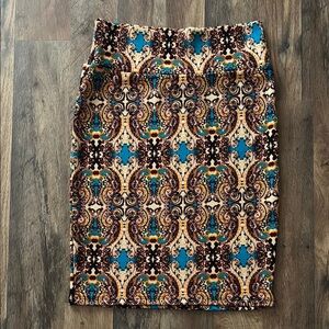 Lularoe teal and cream colorful geometric pattern Cassie Pencil Skirt Medium